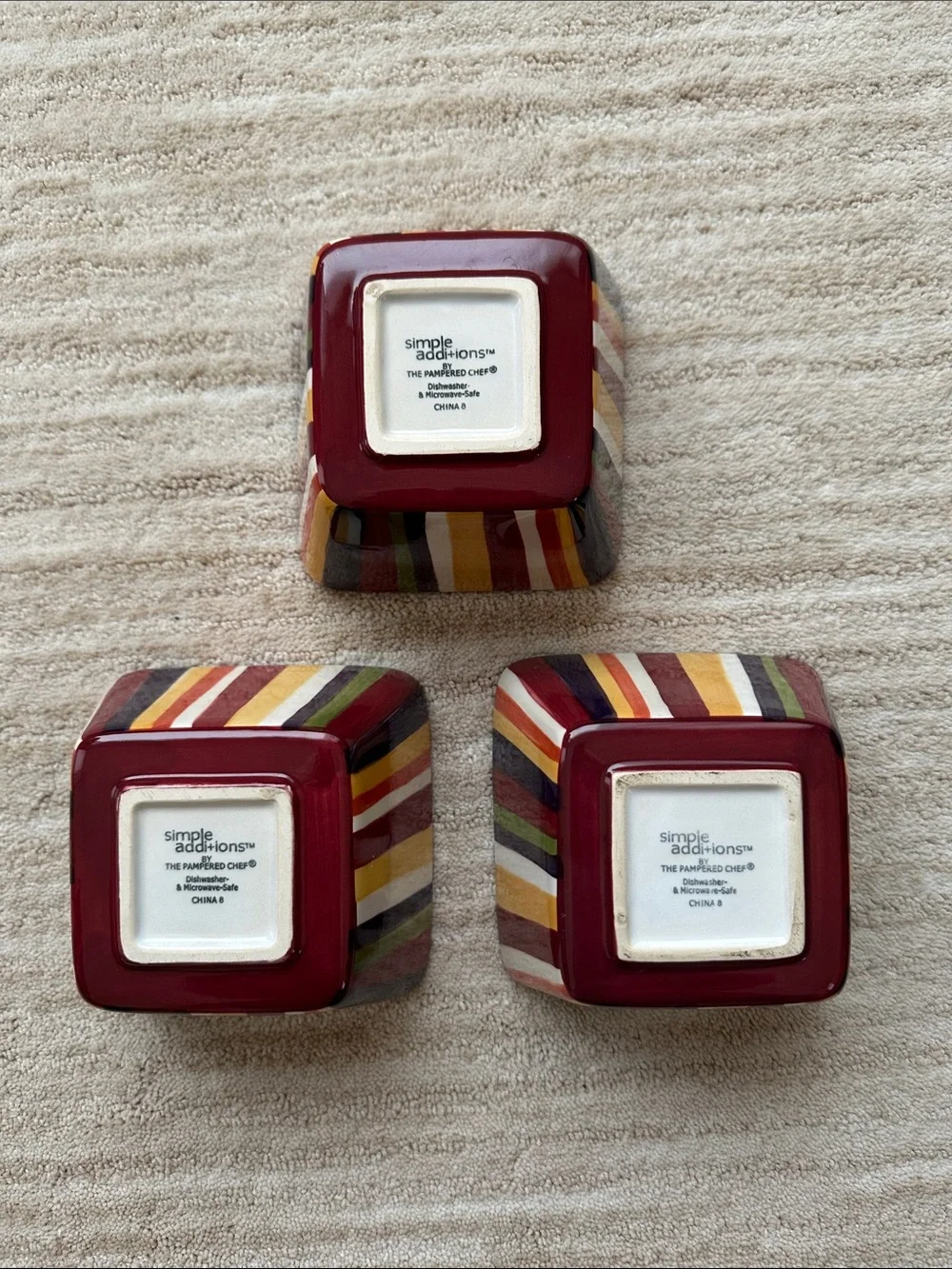 Set of 3 PAMPERED CHEF Simple Additions Stripes Square Bowls Entertaining